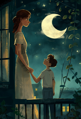 Serene Night Balcony Scene - Moonlit Digital Art Illustration