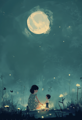 Enchanted Moonlit Night Digital Art - Mother and Child in Nature