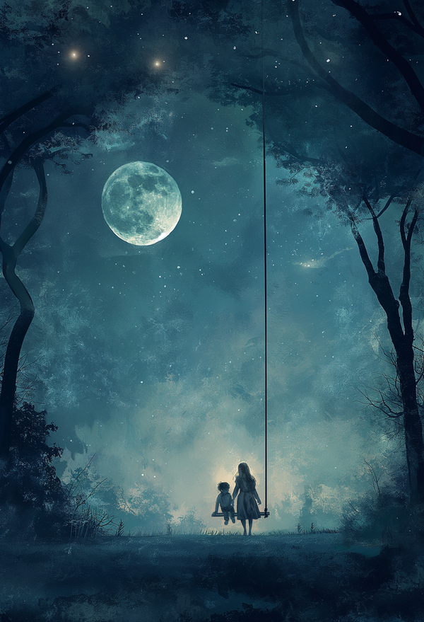 Mystical Moonlit Night Digital Art - Evoking Childhood Dreams and Bonding