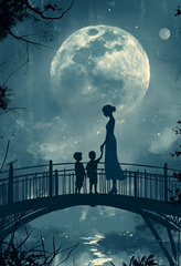 Moonlit Night Digital Art - Silhouettes on Bridge in Serene Landscape