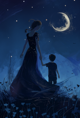 Starry Night Moon Gazing Digital Art - Ethereal Mother and Child Illustration