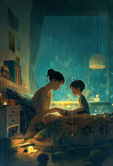 Cozy Indoor Scene Digital Art of Mother and Child Game Night