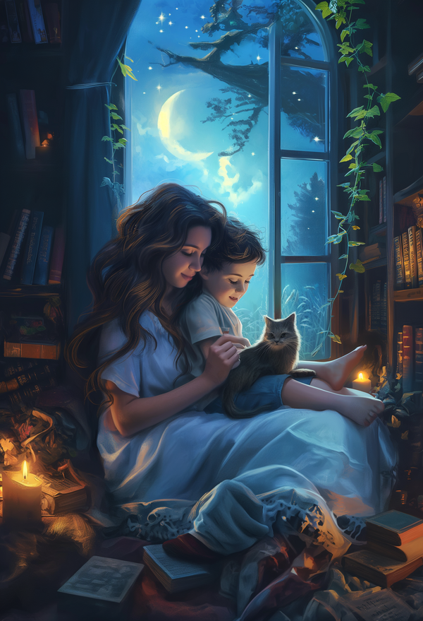 Moonlight Intimate Moment - Digital Art of Cozy Nighttime Reading Scene