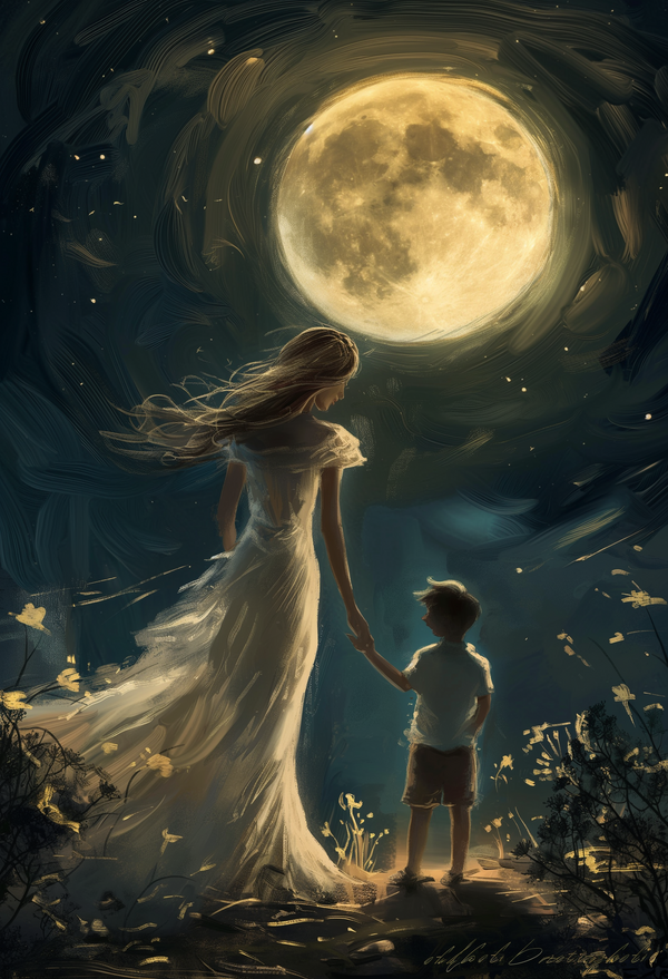 Moonlit Tranquility: Ethereal Digital Art of Child with Guardian Spirit