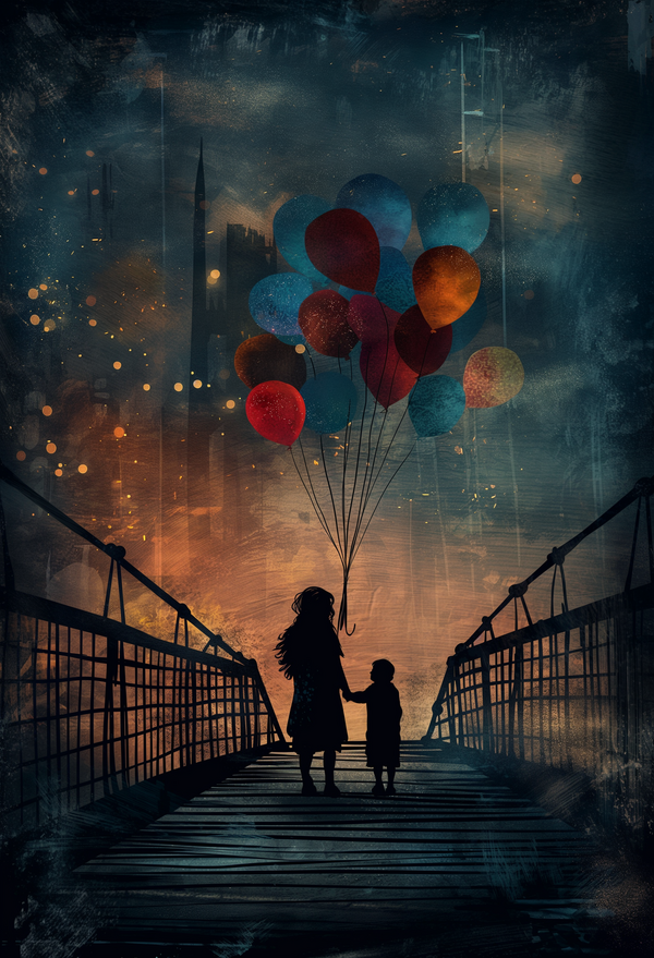 Dreamy Night Sky Digital Art of Parent and Child with Balloons