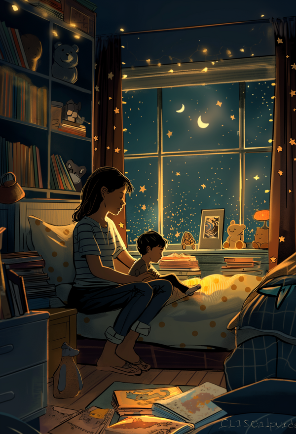 Enchanting Nighttime Reading Scene - Cozy Interior Digital Art Illustration