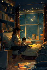 Enchanting Nighttime Reading Scene - Cozy Interior Digital Art Illustration