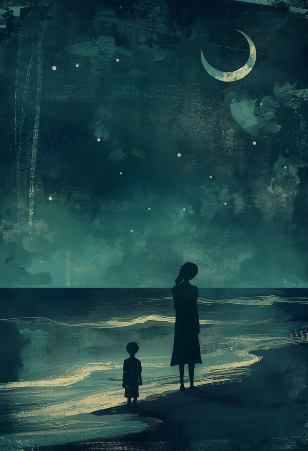 Tranquil Nighttime Beach Scene Digital Art with Silhouetted Figures