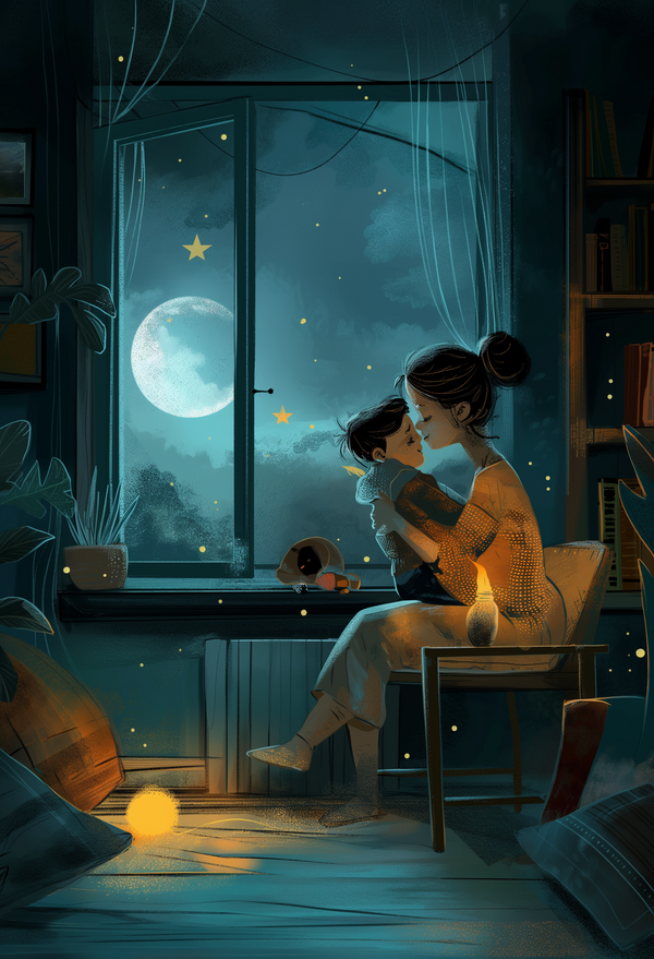 Magical Moonlight Mother and Child Nighttime Scene Digital Art