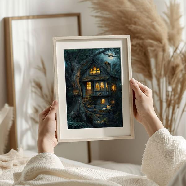 Enchanting Two-Story Cottage Digital Art in Moonlit Woodland Scene