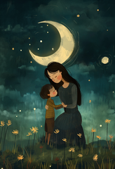 Moonlit Magic: Mother-Child Dandelion Field Nighttime Digital Art