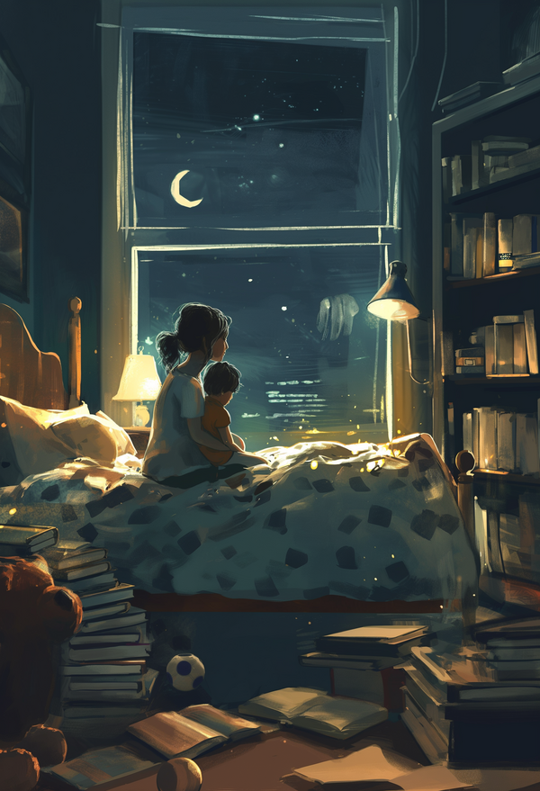 Cozy Evening Digital Art Print: Bedroom Scene with Books and Moonlight