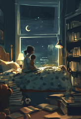 Cozy Evening Digital Art Print: Bedroom Scene with Books and Moonlight