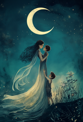 Whimsical Moonlit Digital Art of Mother and Child Fairy-tale Scene