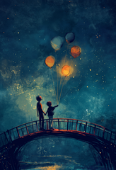 Starry Night Sky Digital Art with Silhouetted Children and Glowing Balloons