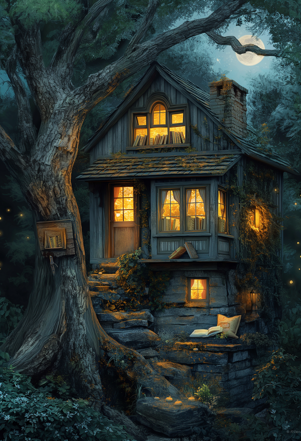 Enchanting Two-Story Cottage Digital Art in Moonlit Woodland Scene