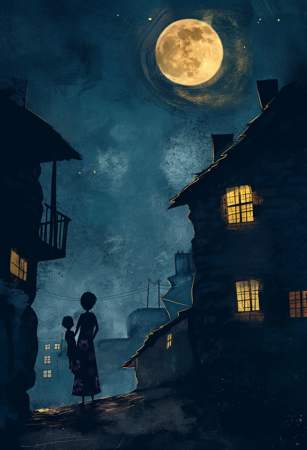 Moonlit Nightscape Digital Art - Rustic Town and Silhouette Figures