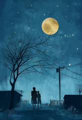 Serene Night Scene Digital Art: Moonlit Suburban Walk Illustration