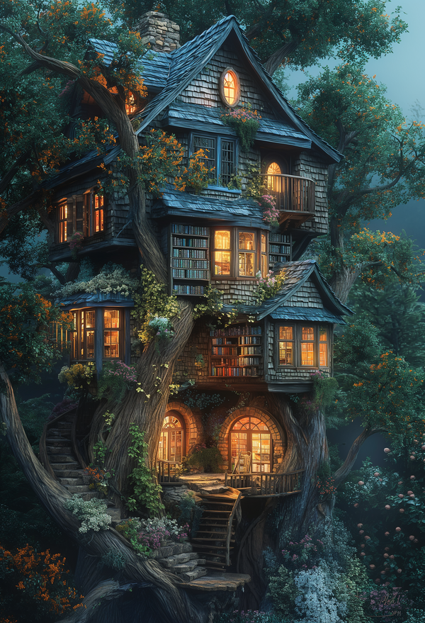 Fantasy Treehouse Digital Artwork with Rustic Architecture Details