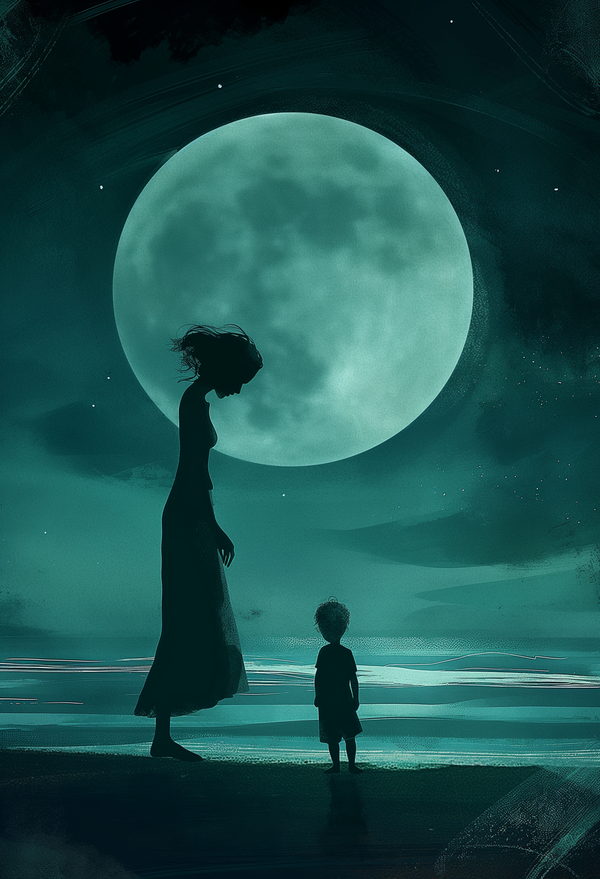 Serene Moonlit Silhouettes Digital Art in Teal and Black