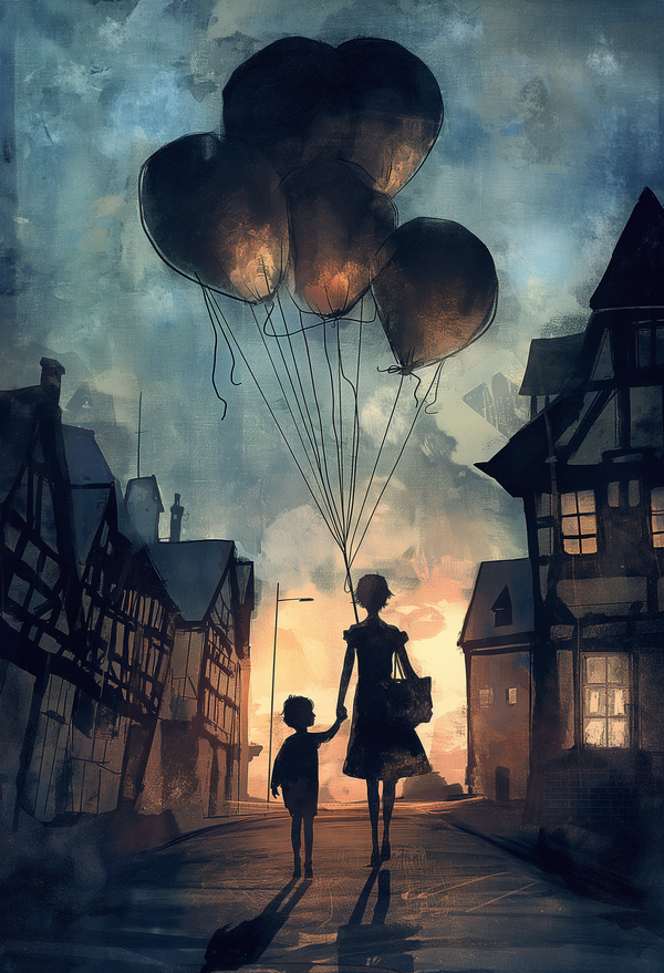 European Town Dusk Digital Art - Mother and Child with Illuminated Balloons