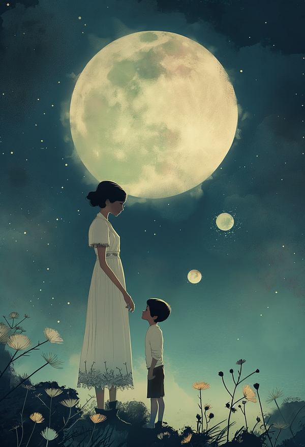 Moonlit Night Dreamland - Digital Art of Mother and Child in Fantastical Field