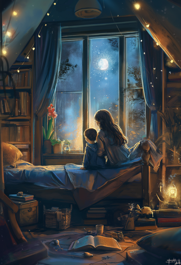 Cozy Nighttime Storybook Scene Digital Art Print