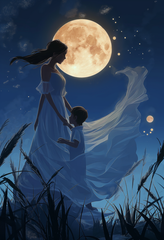 Moonlit Night: Tranquil Digital Art of Mother and Child in a Fantastical Field