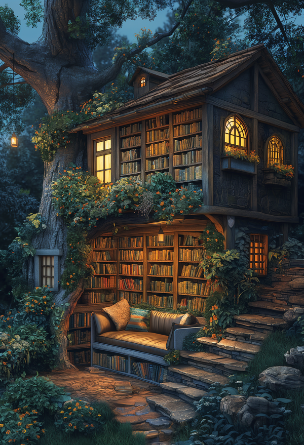 Enchanting Treehouse Library Digital Art with Cozy Twilight Ambiance