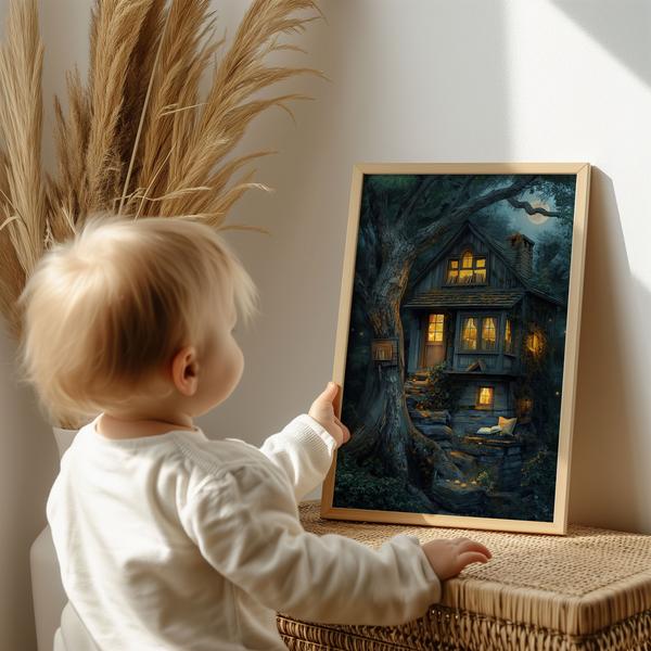 Enchanting Two-Story Cottage Digital Art in Moonlit Woodland Scene