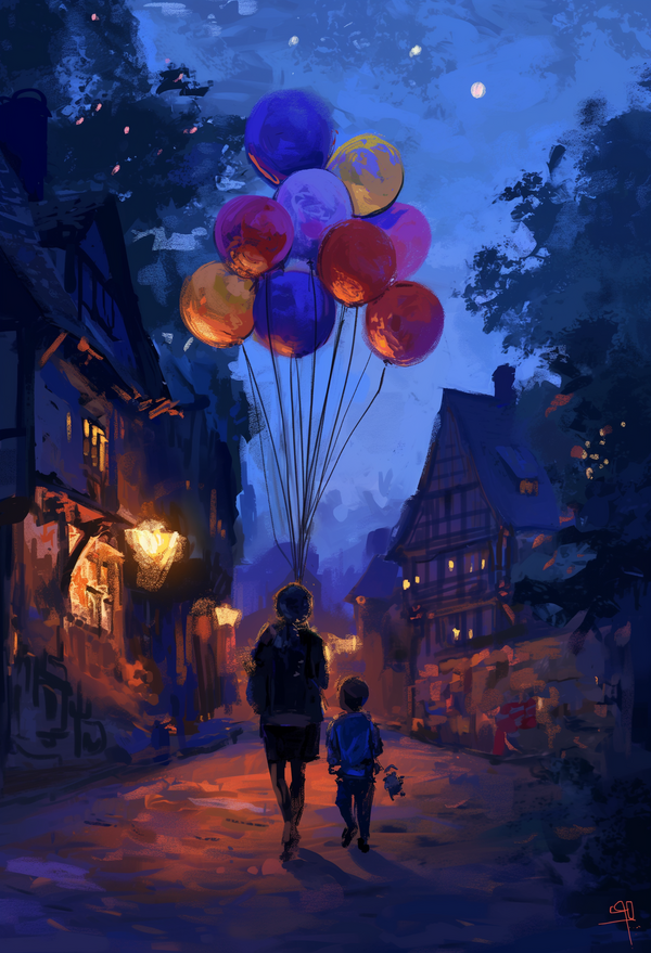 Twilight Balloon Walk Digital Art - European Cobblestone Street Scene