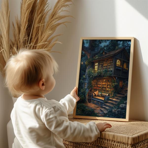 Enchanting Treehouse Library Digital Art with Cozy Twilight Ambiance